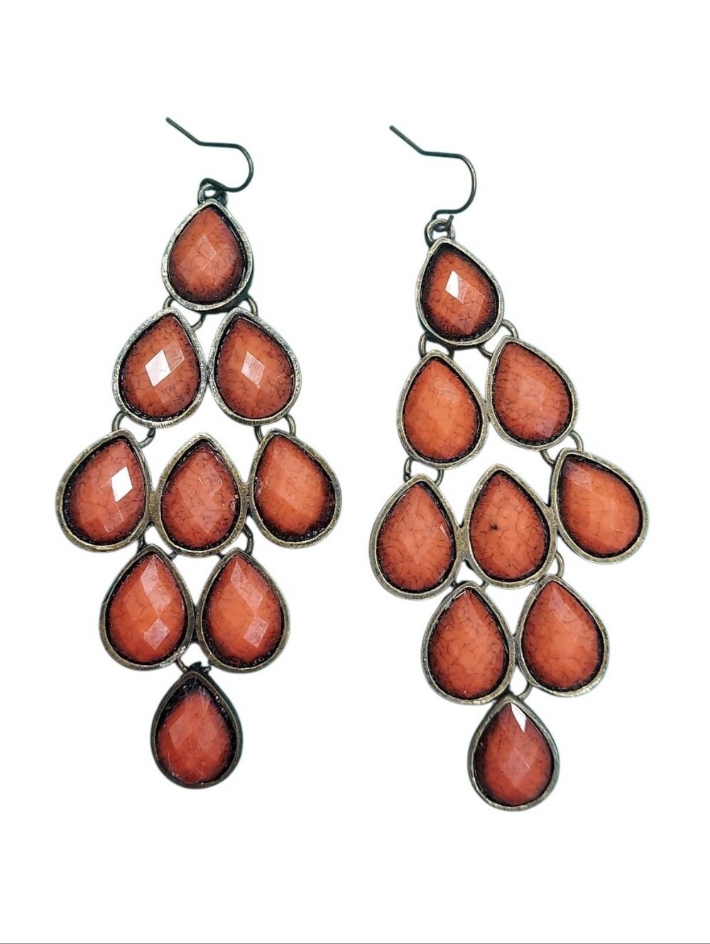 E2125 Antiqued Statement Teardrop Cluster Earrings in Rust Orange